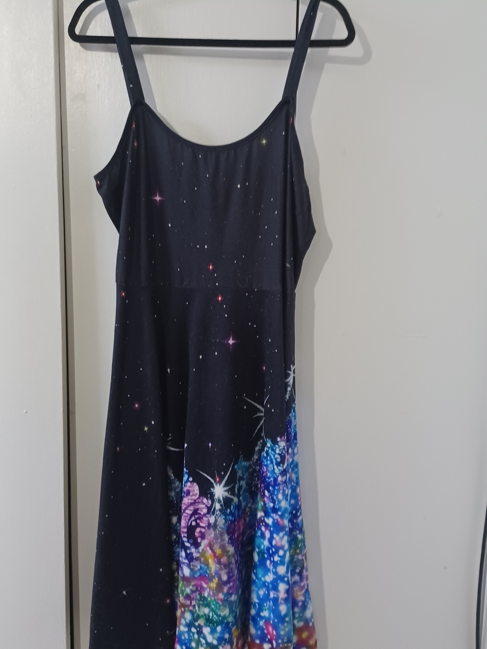Black Galaxy-Print Spaghetti Strap Mini Dress